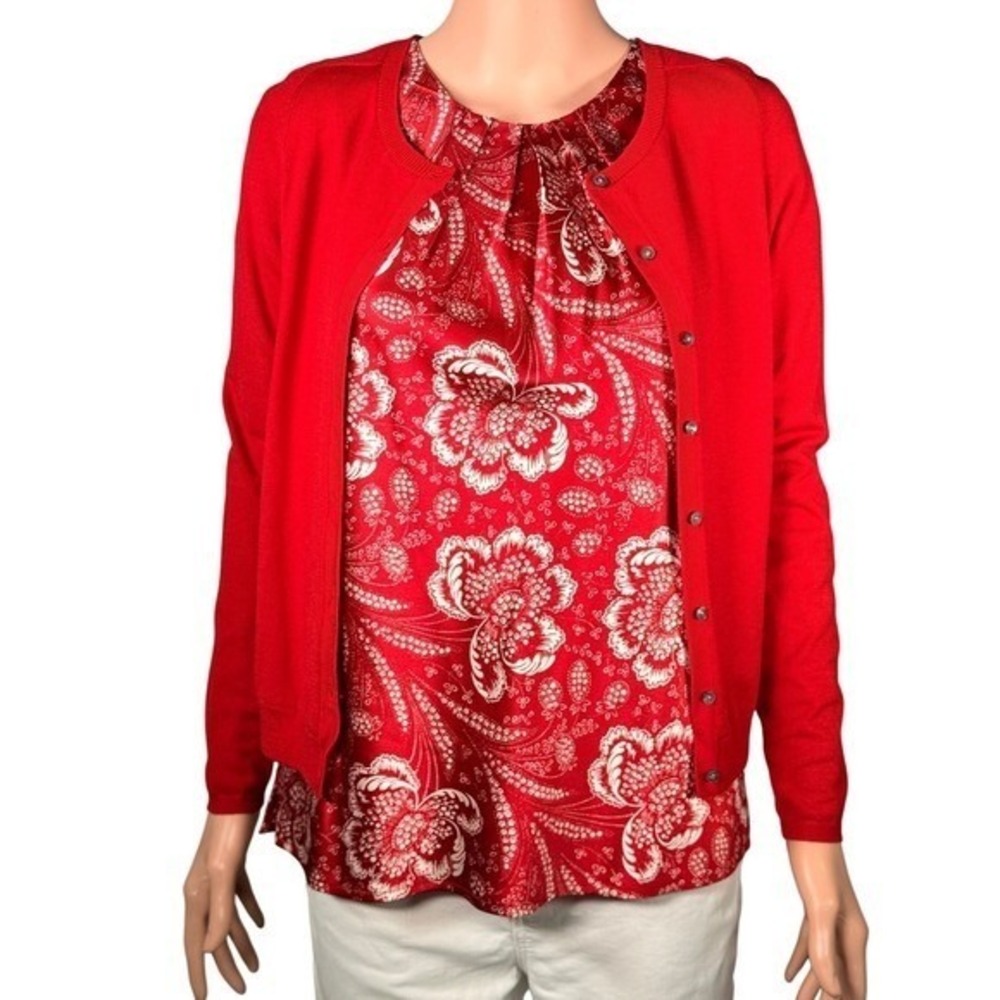 Talbots Petites Red Cardigan and Silk Floral Shell Twin Set Size P Petite